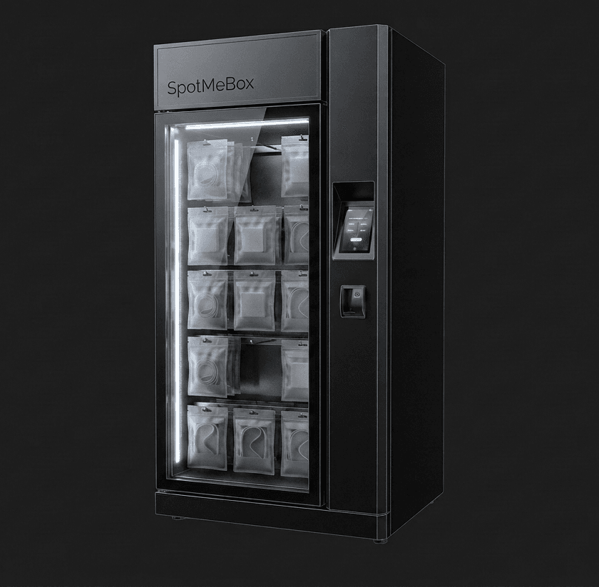 A SpotMeBox unit: a tall glass-fronted cabinet with lit shelves of sealed, pre-packaged pouches hanging on hooks, with a card reader and screen on the right-hand column.